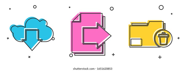Set Cloud download, Next page arrow and Delete folder icon. Vector