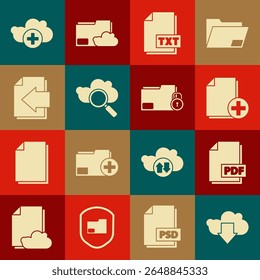 Defina o download na nuvem, documento de arquivo PDF, Adicionar novo, TXT, Pesquisar computação em nuvem, seta para a próxima página e ícone de pasta e cadeado. Vetor