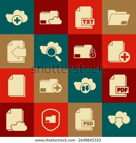 Set Cloud download, PDF file document, Add new, TXT, Search cloud computing, Next page arrow,  and Folder and lock icon. Vector
