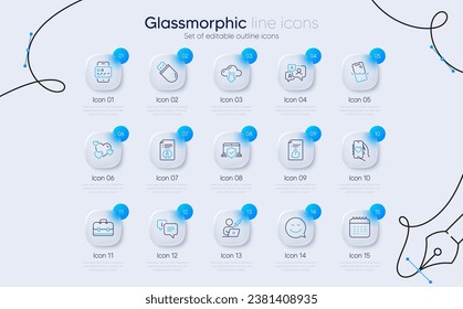 Set of Cloud download, Support chat and Technical info line icons for web app. Heart, Usb stick, Dating app icons. Approved document, Card, Laptop insurance signs. Calendar. Vector