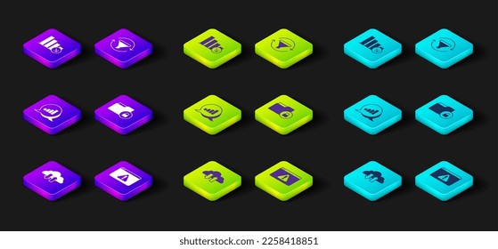 Set Cloud download and upload, Browser with exclamation mark, Pie chart infographic, Folder lock, Sales funnel and Financial growth decrease icon. Vector