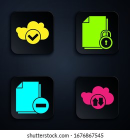 Set Cloud download and upload, Cloud with check mark, Document with minus and Document and lock. Black square button. Vector