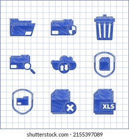 Set Cloud download and upload, Delete file document, XLS, Document protection concept, folder, Search with, Trash can and  icon. Vector