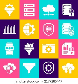Set Cloud download and upload, Document lock, Server security with, Network cloud connection, Globe of the Earth gear, Pie chart infographic, Sales funnel and shield icon. Vector