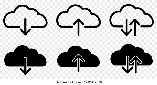 Conjunto de iconos de descarga y carga en la nube. Estilo de línea. Descargue el contorno de computación en nube y el signo vectorial relleno. Iconos de vectores aislados en fondo transparente