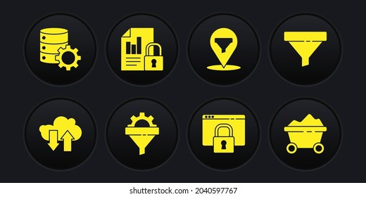 Set Cloud download and upload, Sales funnel, with gear, Secure your site HTTPS, SSL, Location sales, Document lock, Coal mine trolley and Server icon. Vector