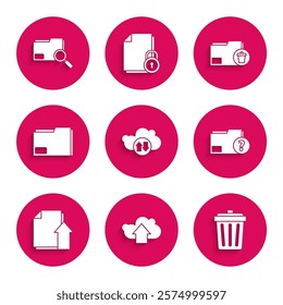 Set Cloud download and upload, Trash can, Unknown document folder, Upload file, Document, Delete and Search concept with icon. Vector