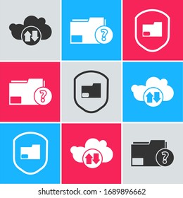 Cloud-Download und -Upload, Unbekannter Dokumentordner und Symbol für den Schutz von Dokumentordnern festlegen. Vektorillustration