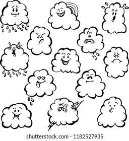 The set of cloud emoticons. Autumn mood. The illustration isolated on white background.