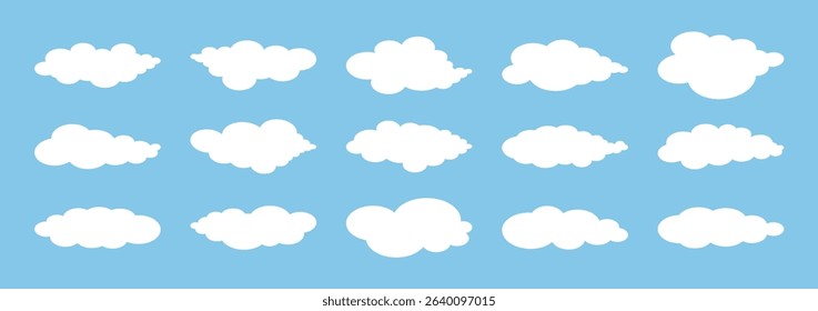 Set of Cloud in flat simple style. Fluffy white abstract cloudy elements in blue sky. Fluffy weather illustration for poster banner card. Empty text border