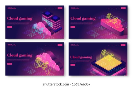 Set of cloud gaming streaming service landing page header concepts. Cloud server and neon game controller vector illustration. Isometric 3d vector illustration