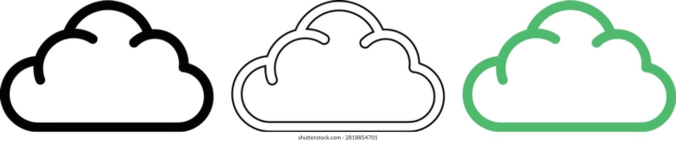 Set of cloud icons in black outline green and solid filled versions representing weather or online storage.