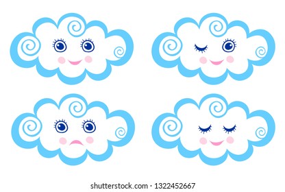 Set of Cloud Icons. Cute Smiling Cloud. Funny kawaii character. Light blue cartoon cloud with cute face, print or icon. Isolated on white background. Vector Illustration