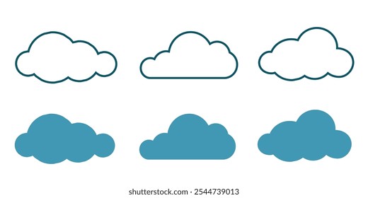 Conjunto de iconos de nube en estilos rellenos y de contorno. Símbolos de Clima simples para el diseño de interfaces y aplicaciones.