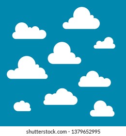 Set of Cloud Icons in flat style on blue background. White vector clouds isolated. Trendy modern cartoon style. Cloud symbolic graphics for illustration, web design, poster, site, app.