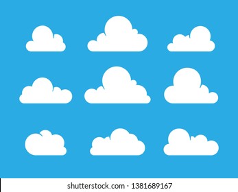 Set of Cloud Icons in flat style on blue background. White vector clouds isolated. Trendy modern cartoon style. Weather symbolic graphics for illustration, web design, poster, site, app.