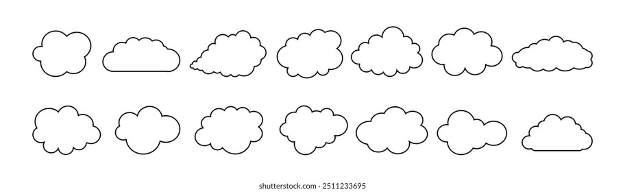 Set of cloud icons in outline style.
Cloud template. 
Cloud shape lines. Vector.