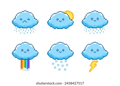 Set of cloud icons in pixel art style on white background.