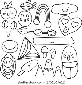 Un conjunto de íconos de la nube para ciencia, negocios, industria, objetos, fruta, comida, bebida, signo, símbolo, naturaleza, animal, paquete, educación, tecnología, arte, contenido de transporte con estilo de doodle