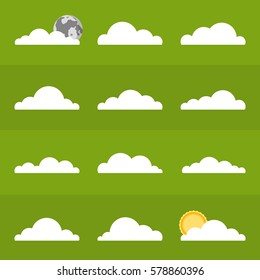 Set of cloud icons. Sun and moon behind clouds. Vector flat illustration.