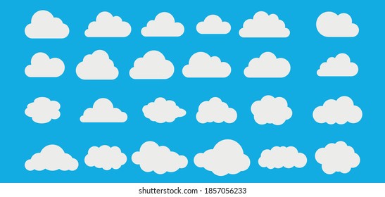 Conjunto de Iconos de Nube de estilo moderno y plano aislado en el fondo azul. Símbolo de nube para el diseño de tu sitio web, logotipo, aplicación, interfaz de usuario. Ilustración del vector, EPS10.