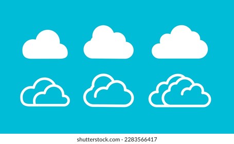Conjunto de Iconos de Nube de estilo moderno y plano aislado en el fondo azul. Símbolo de nube para el diseño de tu sitio web, logotipo, aplicación, interfaz de usuario. Ilustración del vector, EPS10.