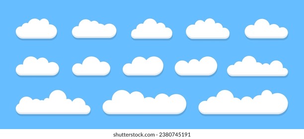 Set of cloud icons in trendy flat style isolated on blue background. Cloud icon, cloud shape. Collection of icons, shapes, labels, symbols. Cloud symbol for your website design, logo, app, UI.