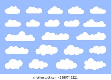 Set of cloud icons in trendy flat style isolated on blue background. Cloud icon, cloud shape. Collection of icons, shapes, labels, symbols. Cloud symbol for your website design, logo, app, UI.