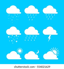 Set of cloud icons in trendy flat style isolated on blue background. Overcast symbol for your web site design, logo. 
