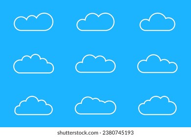 Set of cloud icons in trendy line style on blue background. Cloud icon, cloud shape. Collection of icons, shapes, labels, symbols. Cloud symbol for your website design, logo, app, UI.