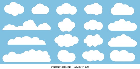 Set of cloud icons. White clouds element. Weather symbol. Vector illustration isolated on blue background
