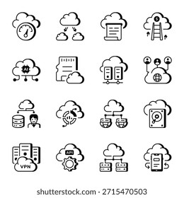 Conjunto de iconos de estilo de línea de nube e innovación 