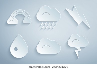 Set Cloud, Lightning bolt, Water drop, Storm, with rain and Rainbow clouds icon. Vector
