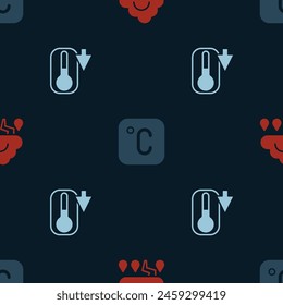 Set Cloud and lightning, Celsius and Thermometer on seamless pattern. Vector