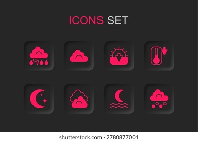 Set Cloud, and lightning, Night fog or smoke, Thermometer, Hail cloud, Sunset and Moon stars icon. Vector