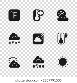 Establezca Cloud and lightning, Thermometer, Sun, aplicación de pronóstico meteorológico, con luna, Fahrenheit e icono de nieve. Vector