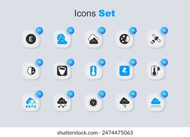 Set Cloud and lightning, Tornado, with moon, Acid rain radioactive cloud, Fog, Thermometer, Compass west and  icon. Vector