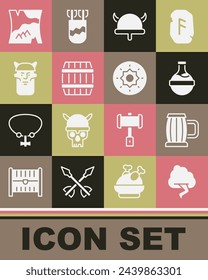 Set Cloud and lightning, Wooden beer mug, Bottle with potion, Viking horned helmet, barrel, head, Folded map and Shield viking icon. Vector