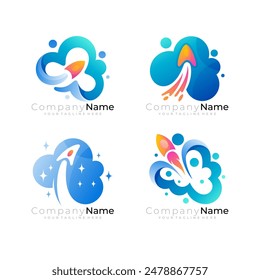 Set cloud logo and rocket design combination, blue color