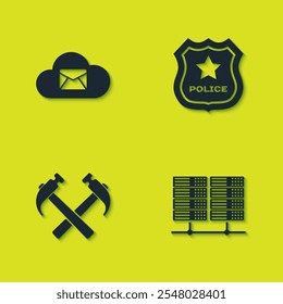 Set Cloud mail server, Server, Data, Web Hosting, Two crossed hammers and Police badge icon. Vector