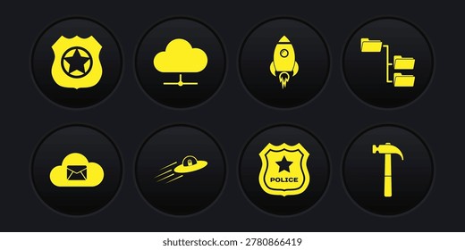 Set Cloud mail server, Folder tree, UFO flying spaceship and alien, Police badge, Rocket with fire and Network cloud connection icon. Vector