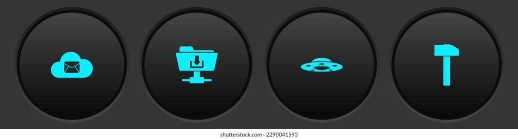 Set Cloud mail server, FTP folder download, UFO flying spaceship and Hammer icon. Vector