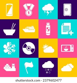 Set Cloud, Microwave oven, Add new file, Storm, Ship and Bowl with chopsticks icon. Vector