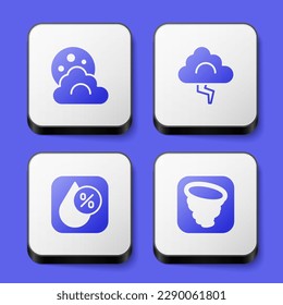 Set Cloud with moon, and lightning, Water drop percentage and Tornado icon. White square button. Vector