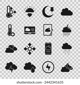 Set Cloud with moon, rain, and, Moon, Weather forecast, Meteorology thermometer,  and  icon. Vector