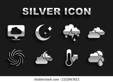 Set Cloud with moon, rain and sun, Meteorology thermometer, Tornado, lightning, Location cloud and Moon stars icon. Vector