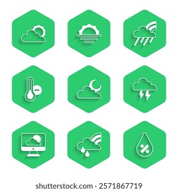 Set Cloud with moon, Rainbow cloud and rain, Water drop percentage, Storm, Weather forecast, Meteorology thermometer,  and Sun weather icon. Vector