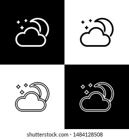 Set Cloud with moon and stars icon isolated on black and white background. Cloudy night sign. Sleep dreams symbol. Night or bed time sign.  Vector Illustration