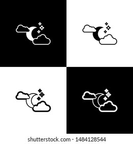 Set Cloud with moon and stars icon isolated on black and white background. Cloudy night sign. Sleep dreams symbol. Night or bed time sign.  Vector Illustration
