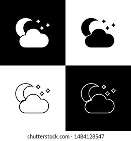 Set Cloud with moon and stars icon isolated on black and white background. Cloudy night sign. Sleep dreams symbol. Night or bed time sign.  Vector Illustration